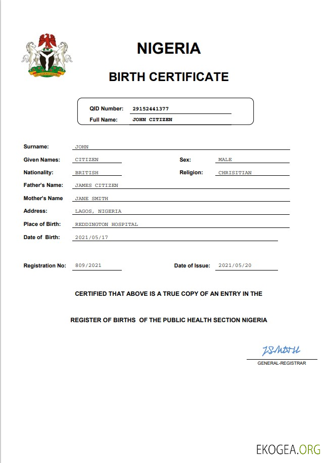 Modèle d'acte de naissance d'état civil du Nigeria au format Word et PDF, entièrement modifiable